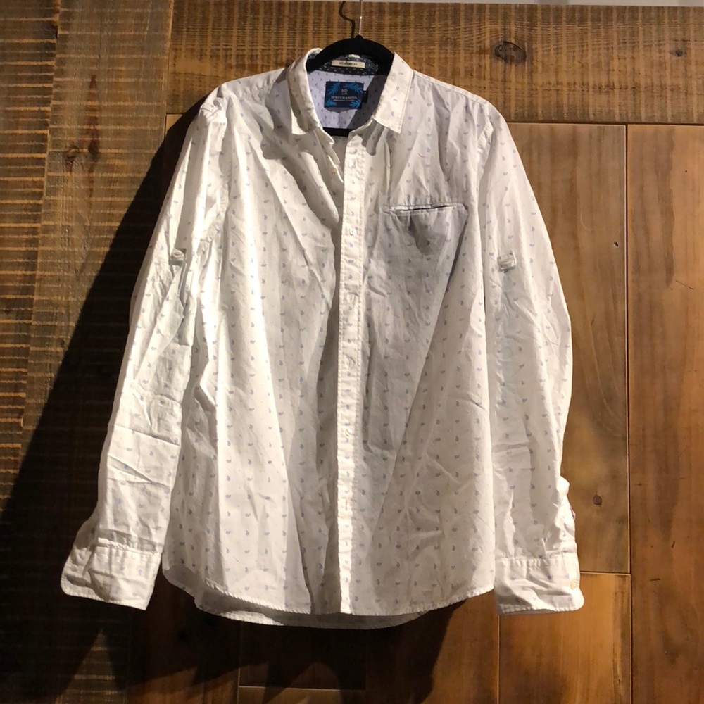 Scotch & Soda white shirt with blue print.
